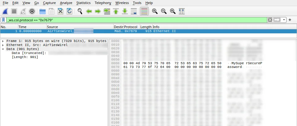 Wireshark capture, disclosing admin password