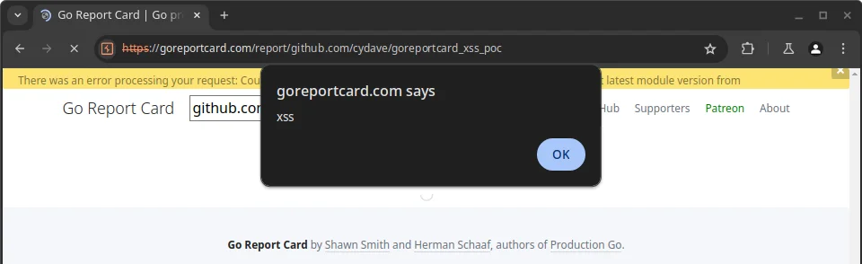 goreportcard XSS triggered